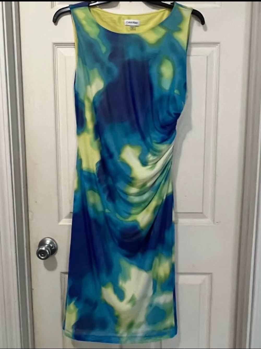 NWT Calvin Klein Blue, Yellow & White Tie-Dye Midi Sheath Dress